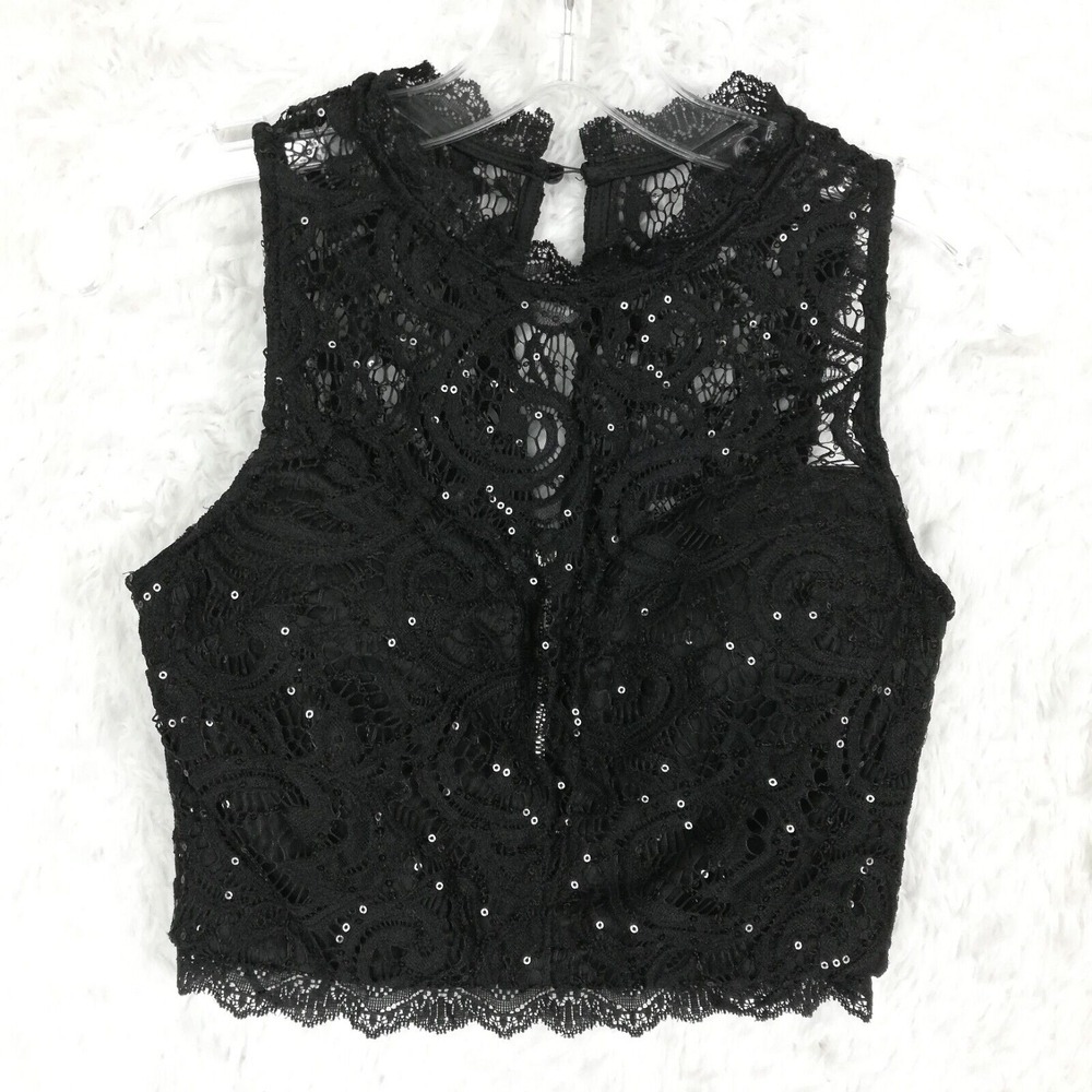 Speechless Womens Top Cropped Tank Black Lace‎ Overlay Sequins Tank Sheer S New